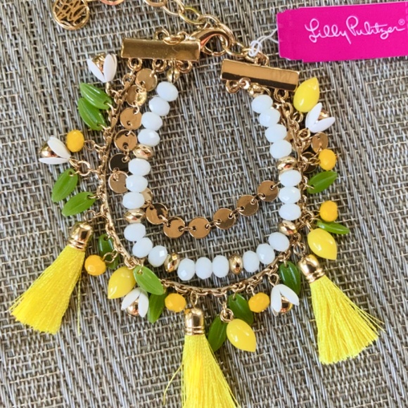 LILLY PULITZER BRACELET- YELLOW LEMMON TASSEL⭐️Fun 3 Strand Beaded Chain - Picture 6 of 7